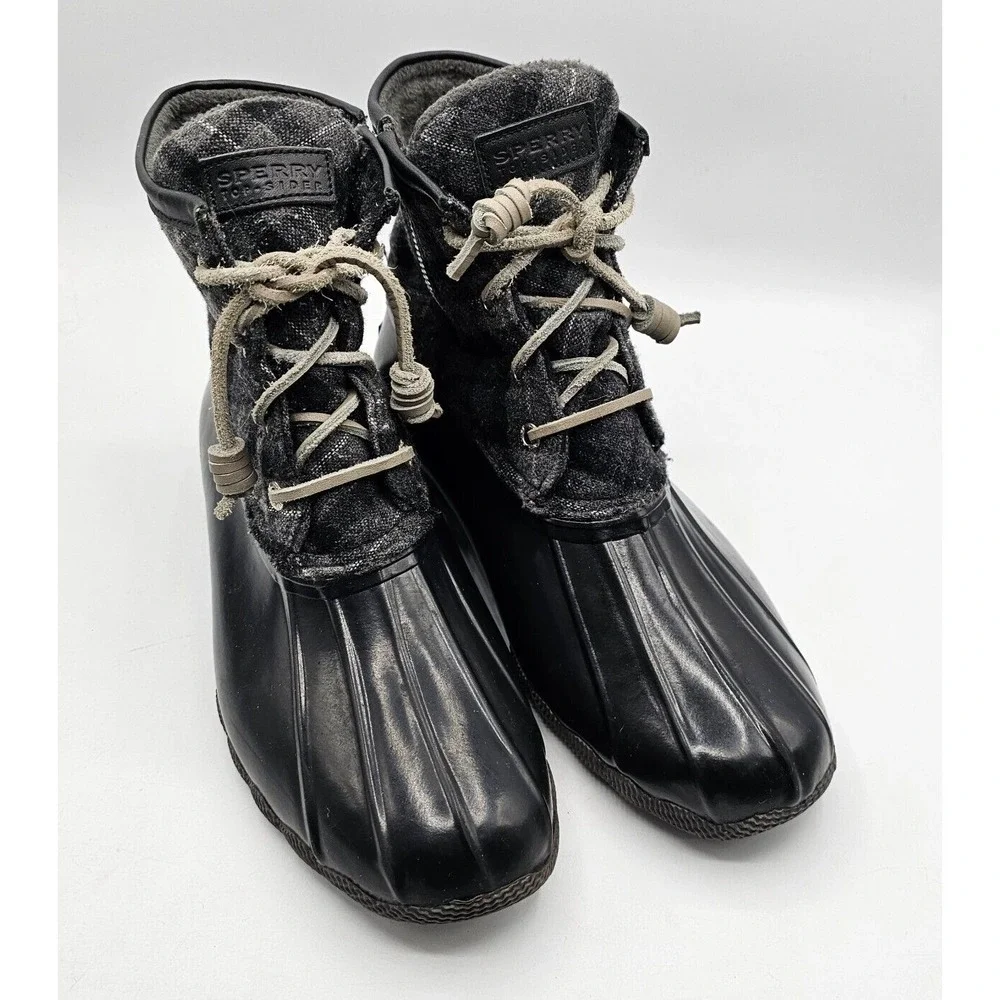Sperry Top-Sider Womens‎ Saltwater Duck Boots Size 8 Black Gray Plaid Waterproof